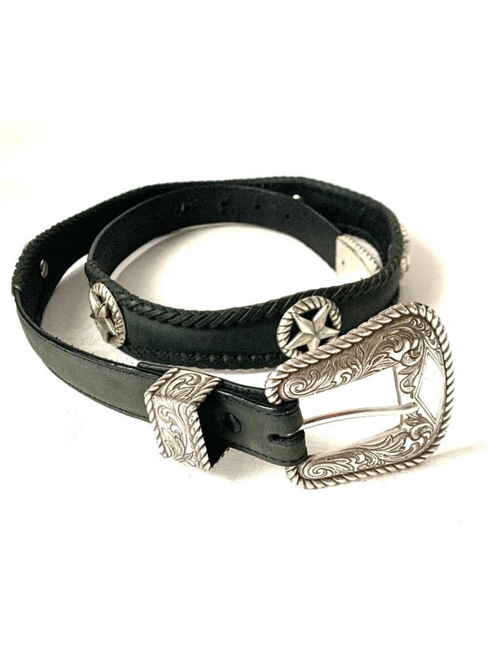 Vintage Black Leather Belt With Silver-Tone Buckle & Star Accents Size 36 W Good